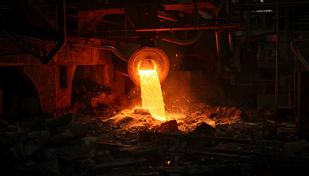 Molten metal being poured from industrial furnace at night