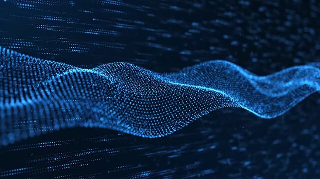 Abstract blue digital wave data visualization in dark background with subtle motion graphics and bokeh effects