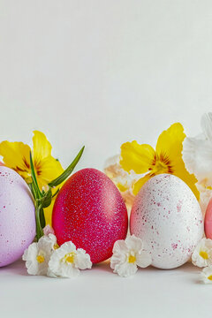 A row of colorful Easter eggs adorned with flowers, perfect for spring and Easter-themed designs. vertical frame
