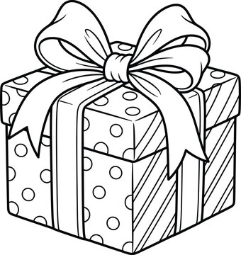 Decorated gift box with bow coloring page black and white vector illustration