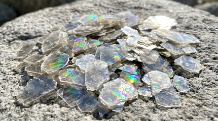 Obraz premium Shimmering Iridescent Mica Mineral Flakes on Natural Grey Rock Surface