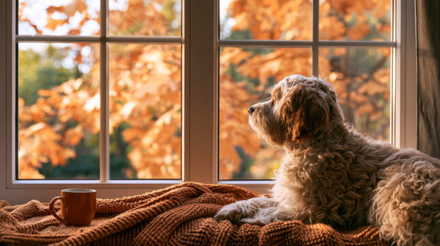 Cozy dog looking out autumn window with coffee mug