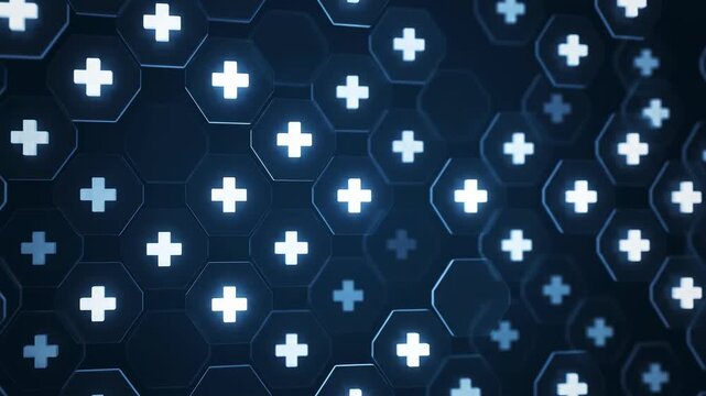 Abstract blue geometric pattern with glowing cross shapes in dark cinematic motion
