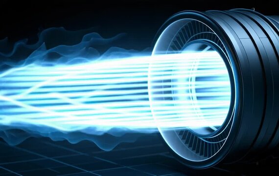 Futuristic Jet Turbine Engine Emitting Bright Blue Hydrogen Fuel Flame in Dark Studio