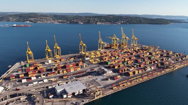 Industrial cranes at Trieste port container terminal, Italy