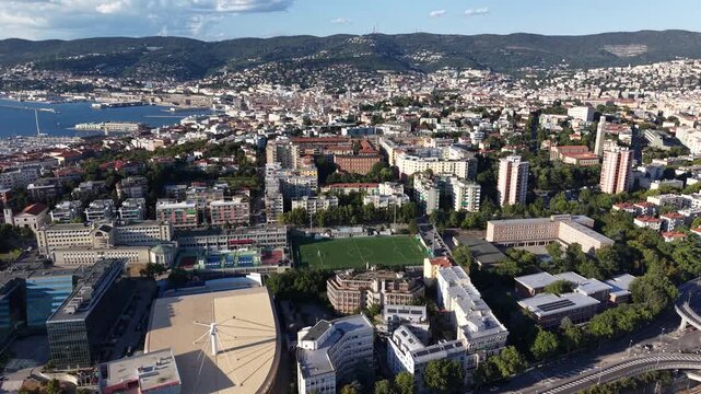 Panoramic aerial view of Trieste coastline and skyline, Italy