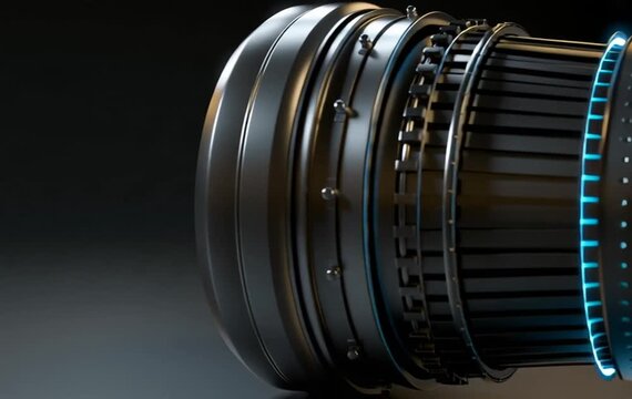 Futuristic Jet Turbine Engine Emitting Bright Blue Hydrogen Fuel Flame in Dark Studio