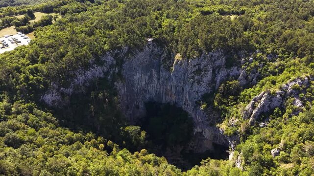Drone shot over Skocjan Caves Regional Park sinkhole, Slovenia