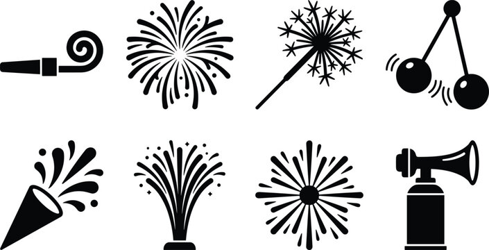 New Year Party and Celebration Fireworks Silhouette Icons Set Isolated on White Background