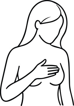 Line art drawing of woman doing breast self examination checking for cancer lumps vector.
