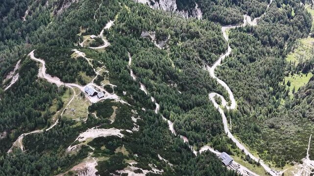 Aerial view of winding Vrsic Pass (Vrsic road) in Slovenia