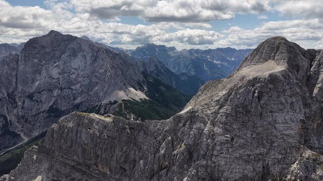 Aerial view of Julian Alps mountain range near Kranjska Gora, Slovenia