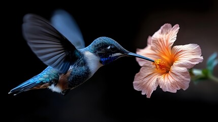 Obraz premium Iridescent blue hummingbird in flight approaching delicate pink flower with yellow center against dark background