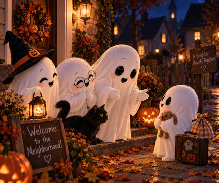 Cute Ghost Family Welcoming New Little Ghost to Halloween Neighborhood