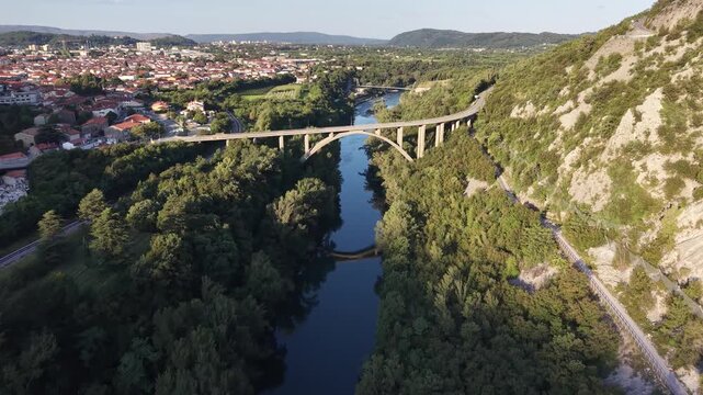 Drone view of Solkan Road Bridge over Soca river in Slovenia