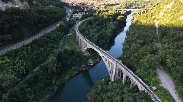 Aerial view of Solkan Bridge (Solkanski most) over Soca river, Slovenia