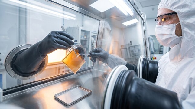 Engineer assembles battery cell in controlled glovebox