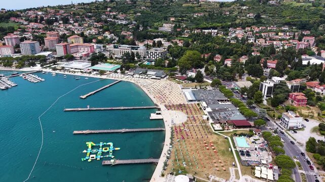 Aerial view of coastal resort town coastline in Portoroz, Slovenia