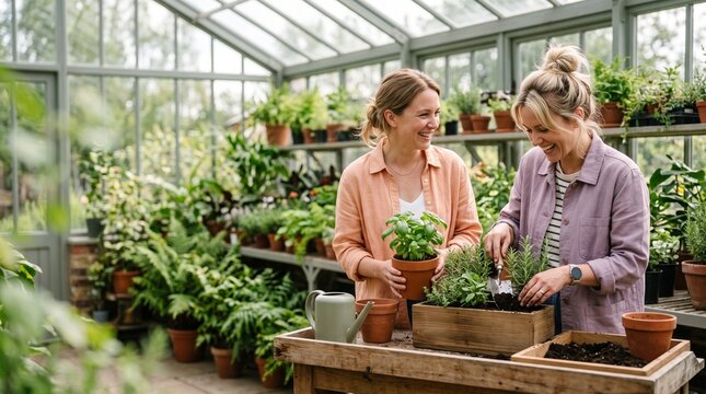 Friends tend herbs as a social wellness reward