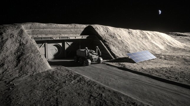 Completed lunar shelter beneath a protective regolith berm