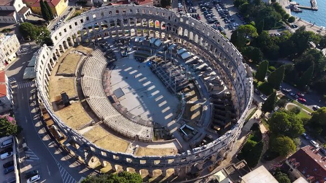 Top-down view of Pula Arena amphitheater in Pula city, Croatia