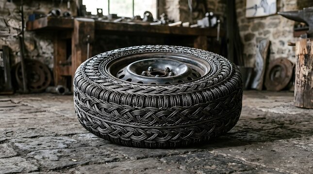 Automotive tire with braided steel tread pattern in rustic workshop