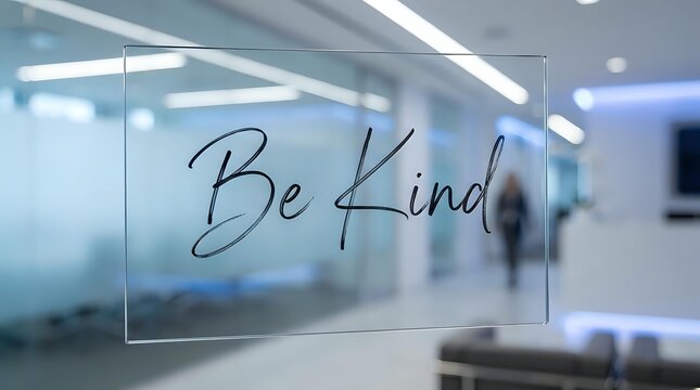 Be Kind text on frosted glass wall in modern office space, promoting workplace kindness and positive company culture for corporate environments