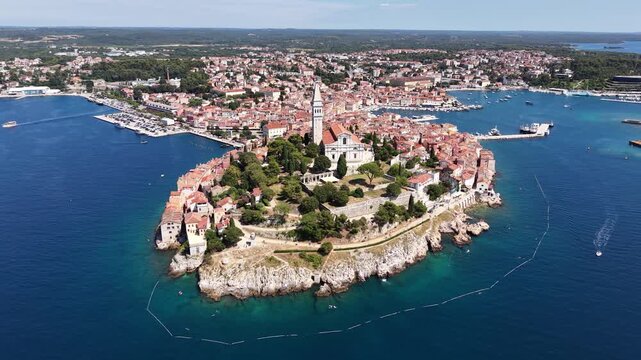 Aerial view of Old Town peninsula coastline in Rovinj, Croatia