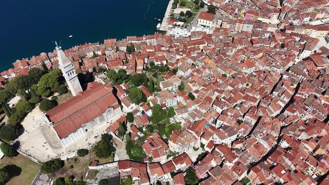 Drone shot of St Euphemia Church (Crkva sv Eufemije) in Rovinj, Croatia