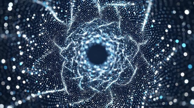 Abstract cosmic tunnel with glowing particles flowing through a futuristic digital vortex during a science fiction journey