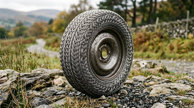 Rugged All Terrain Vehicle Tire Standing Upright on a Rocky Mountain Trail