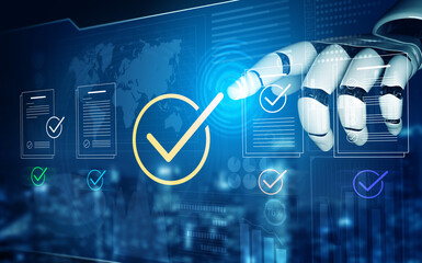 A robotic hand interacts with a digital interface, highlighting checks on documents. This image...