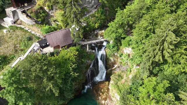 Drone shot of Sum Waterfall and walkway in Vintgar Gorge, Slovenia