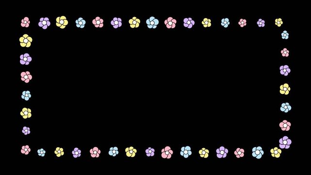 Colorful floral frame border with pastel flowers on black background