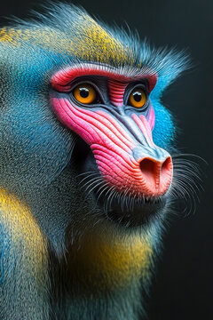 A close-up view of a monkey's face on a black background. vertical frame
