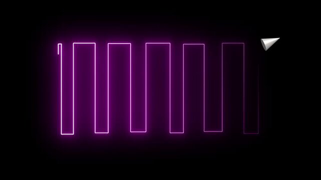 Glowing Neon Purple Square Trail Animation with 3D Arrow Pointer on Black Background .