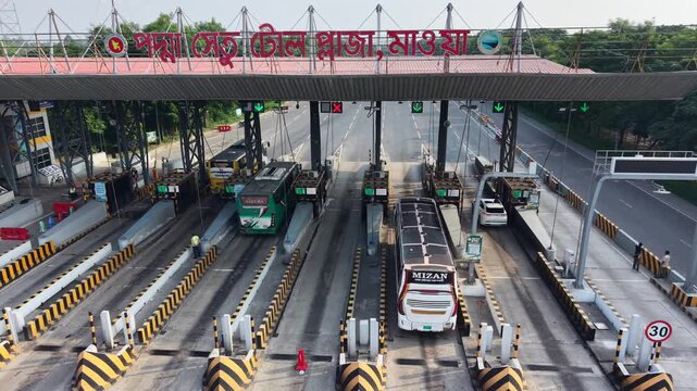 Padma Bridge Toll Plaza at Mawa with Vehicles and Intercity Buses in Bangladesh