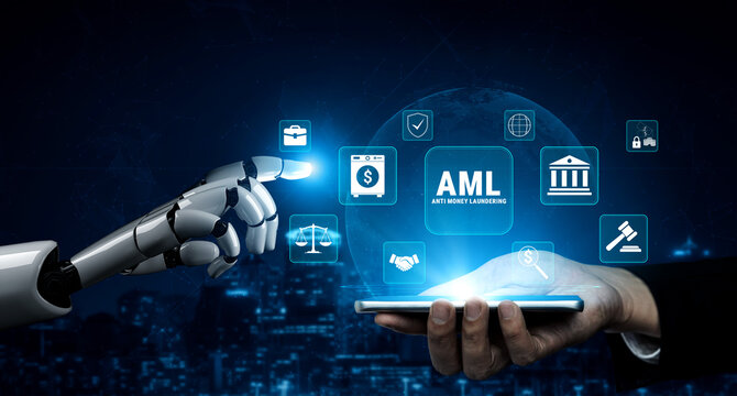 Robotic Hand Interacting with Smartphone Displaying Anti-Money Laundering Concepts and Digital Financial Technology in Futuristic Background. Glyphic.