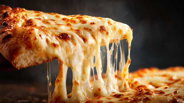 Cheese pizza slice being pulled apart with gooey cheese strands  