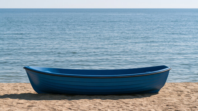 Blue rowboat on sandy beach by calm sea horizon  