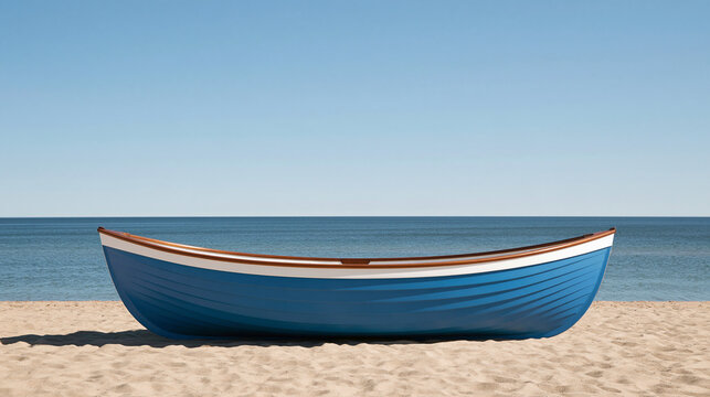 Blue wooden rowboat on sandy beach by calm sea under clear sky  