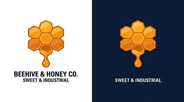 Beehive and honey company logo with honeycomb icon.