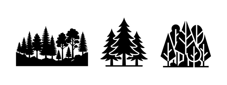 Forest Trees and Pine Forest Silhouette Icon Set