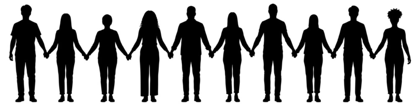 Group of people holding hands silhouette vector illustration