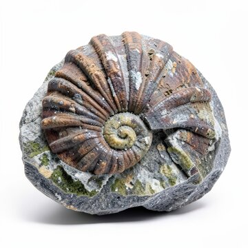 Nautiloid cephalopod shell fossil embedded in grey limestone on white background display, ancient marine paleozoic specimen