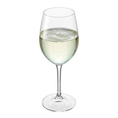 Fototapeta premium Glass of sparkling white wine with bubbles and condensation on a white background