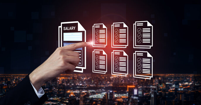 A businessperson interacts with digital salary documents against a stunning cityscape at night, representing data analysis and financial management in a corporate environment. Ledger