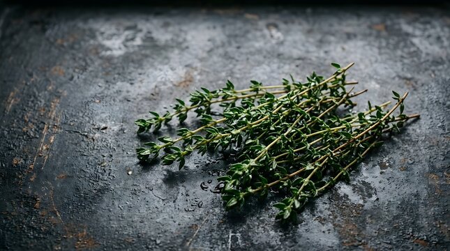 Fresh sprigs of green thyme herb lying on a dark rustic metal surface background