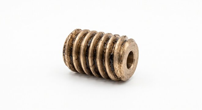 Solar heliostat tracking worm gear, heavy-duty machined bronze alloy. Concentrated solar power (CSP) mechanical component with grease residue. Isolated on white background for engineering B2B.