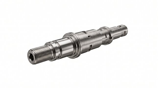 Molten salt control valve stem, micro-machined Inconel superalloy rod. Thermal energy storage and extreme thermal shock sealing hardware. Precision industrial component isolated on white background.